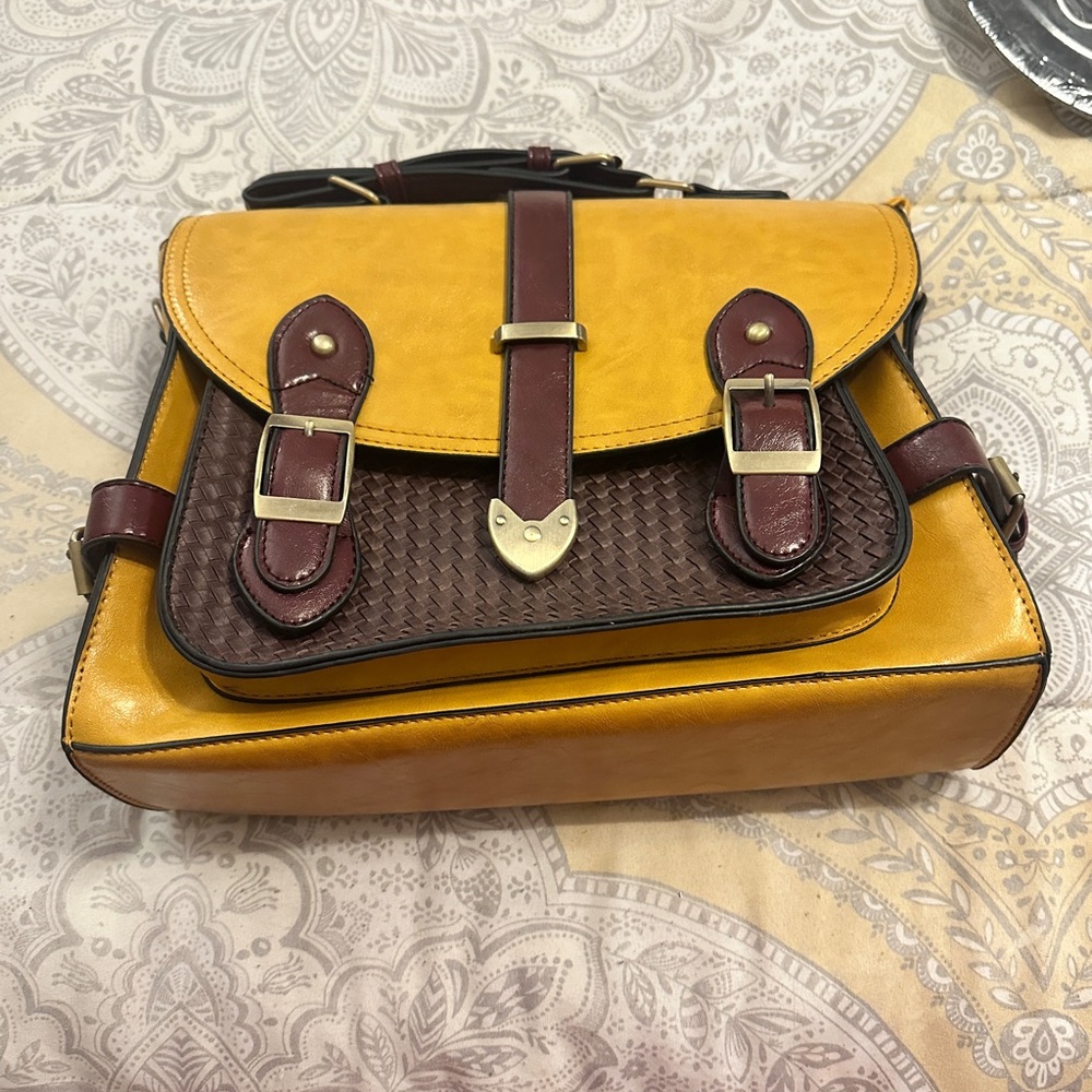 Yellow and Brown Satchel with Buckle Accents